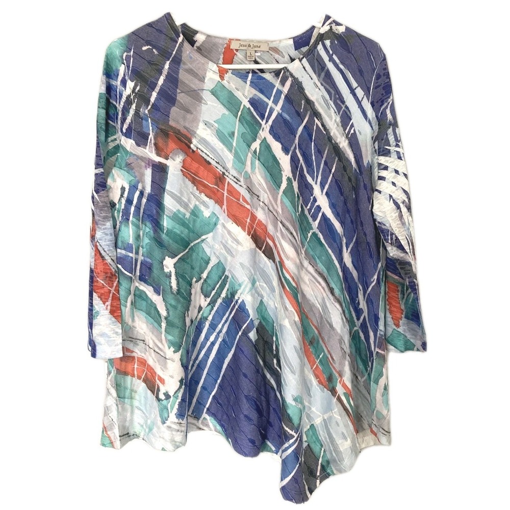 Jess & Jane Tunic Top Women L Multicolor Abstract 3/4 Sleeve Asym Hem Made USA